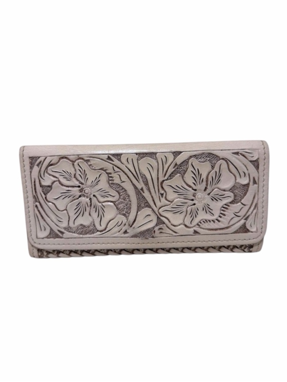 Adam Alexis Tooled Leather Tri-Fold Wallet Floral Western Ivory Artisan Snap